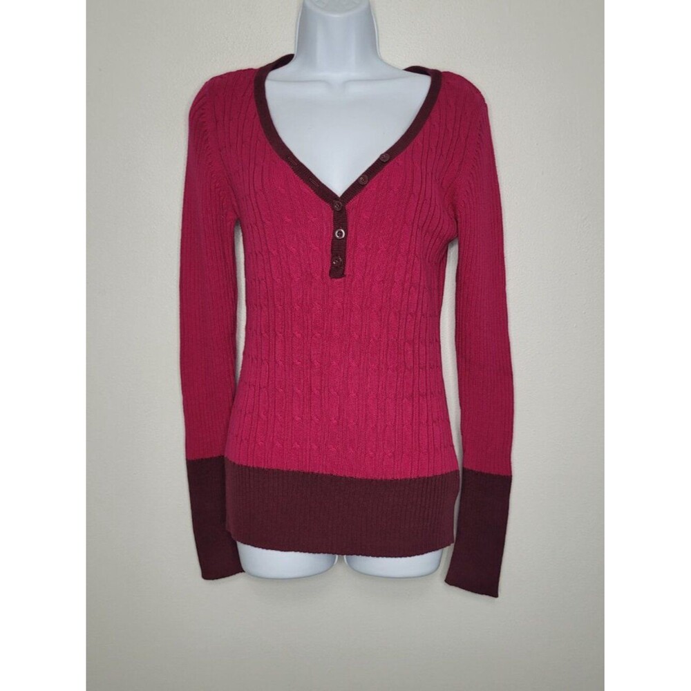 Y2k Arizona pink maroon cable knit henley bella elana long sleeve sweater xl
